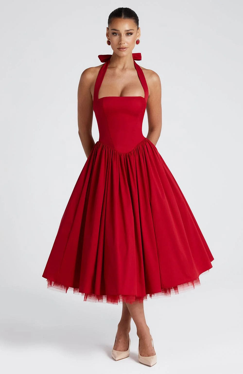 Women's Halter Neck Cocktail Midi Dress – Corset Back Pleated Dress