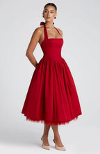 Women's Halter Neck Cocktail Midi Dress – Corset Back Pleated Dress