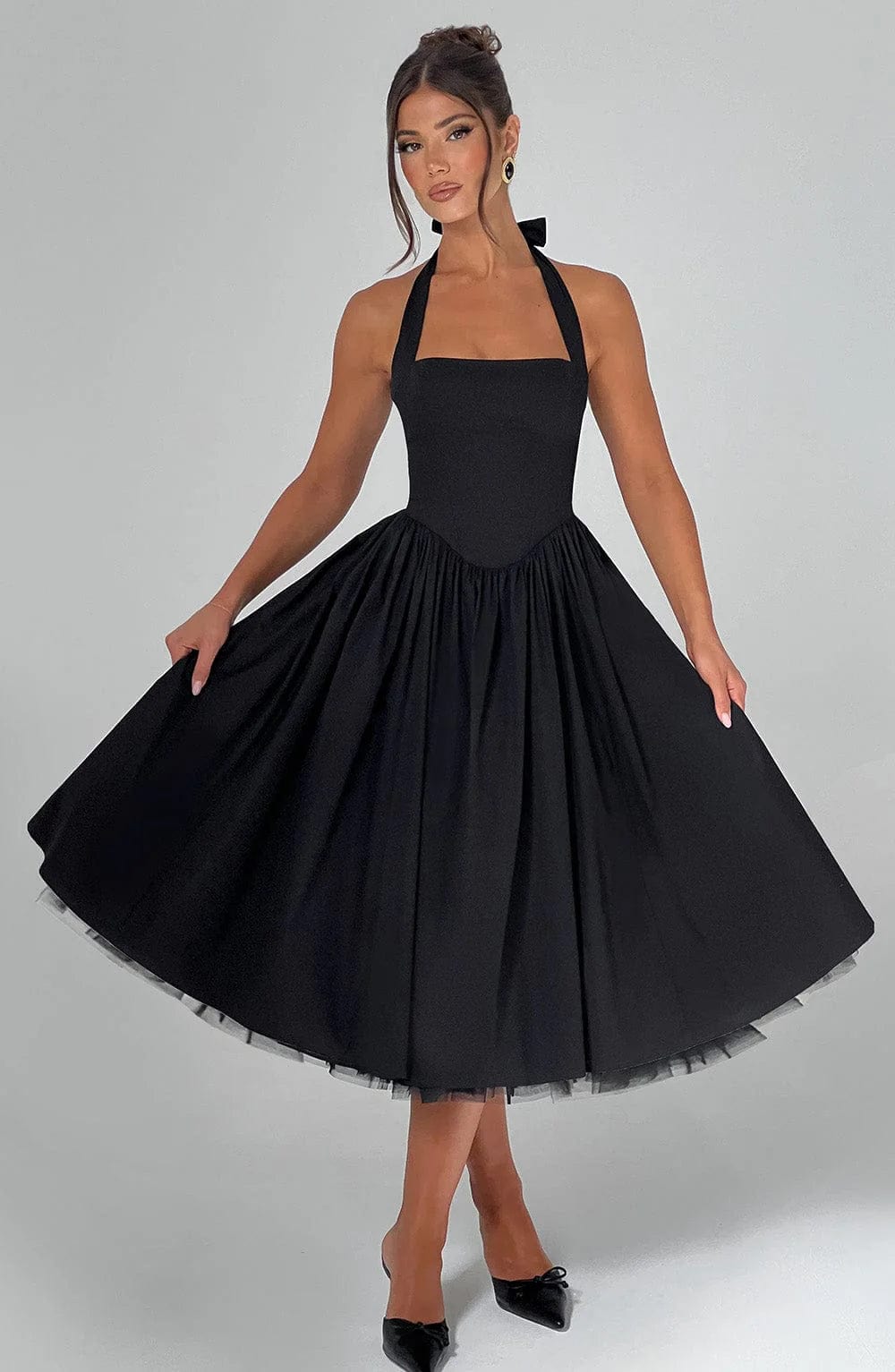 Women's Halter Neck Cocktail Midi Dress – Corset Back Pleated Dress