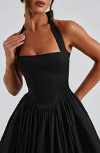 Women's Halter Neck Cocktail Midi Dress – Corset Back Pleated Dress