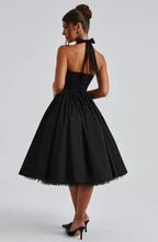 Women's Halter Neck Cocktail Midi Dress – Corset Back Pleated Dress
