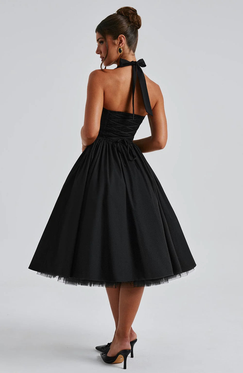 Women's Halter Neck Cocktail Midi Dress – Corset Back Pleated Dress