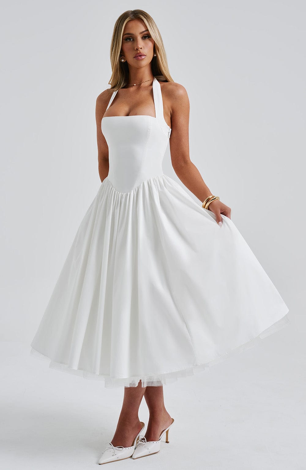 Women's Halter Neck Cocktail Midi Dress – Corset Back Pleated Dress