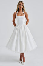 Women's Halter Neck Cocktail Midi Dress – Corset Back Pleated Dress