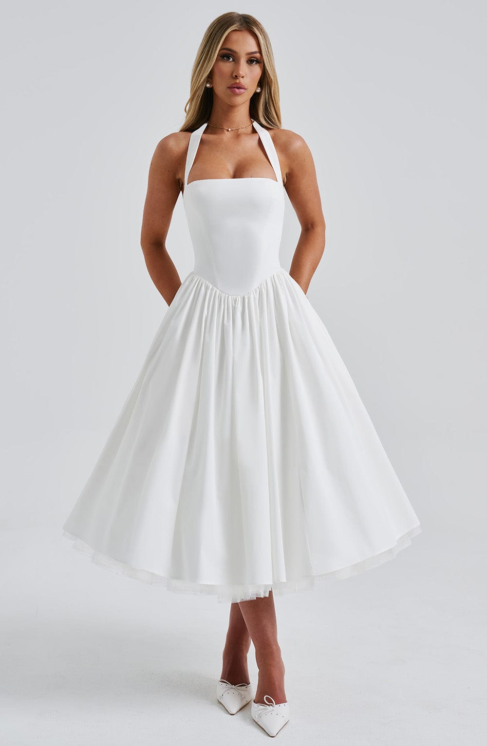 Women's Halter Neck Cocktail Midi Dress – Corset Back Pleated Dress