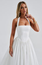 Women's Halter Neck Cocktail Midi Dress – Corset Back Pleated Dress