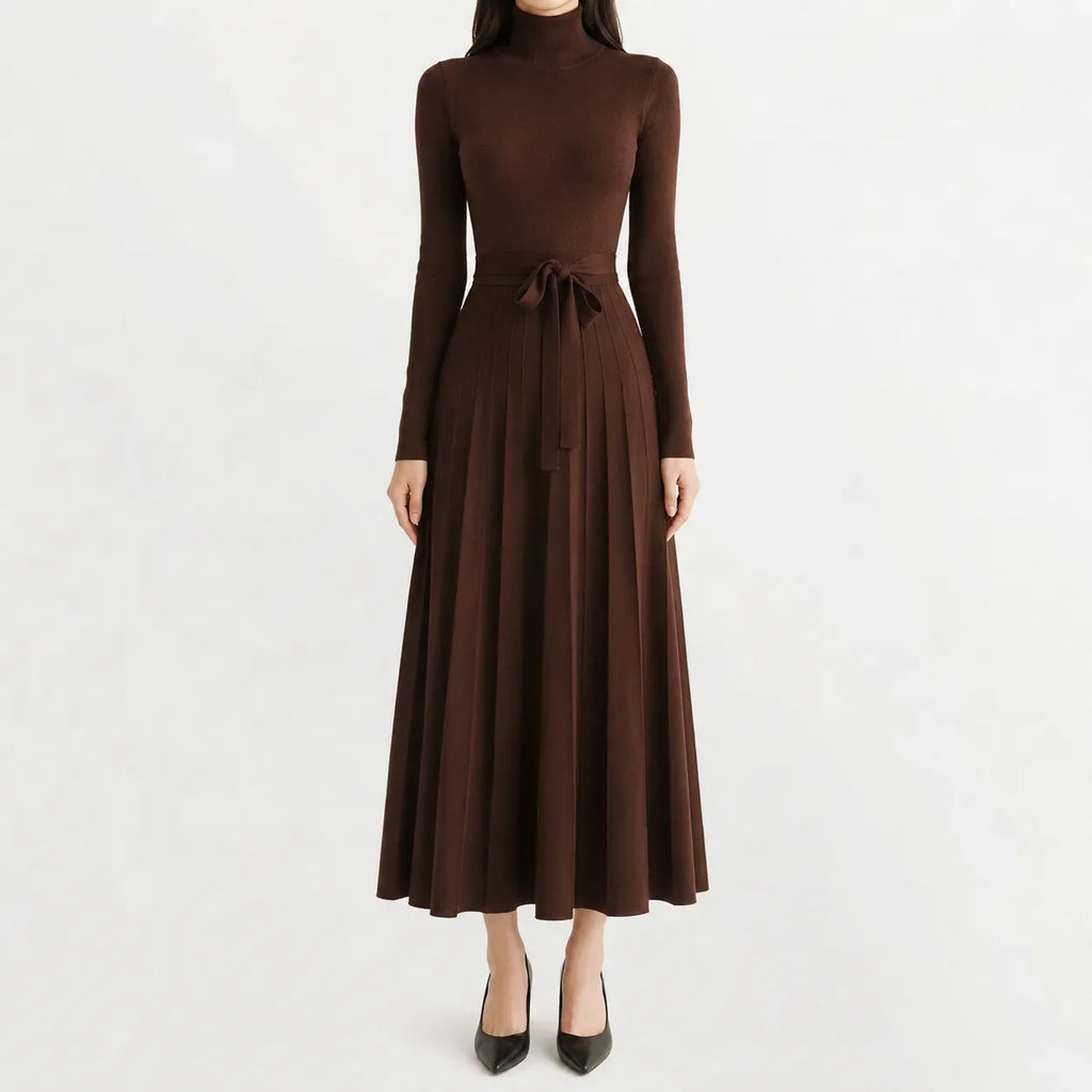 Women's Turtleneck Knit Dress – Long Sleeve Belted Flared Dress