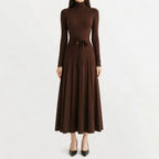 Women's Turtleneck Knit Dress – Long Sleeve Belted Flared Dress