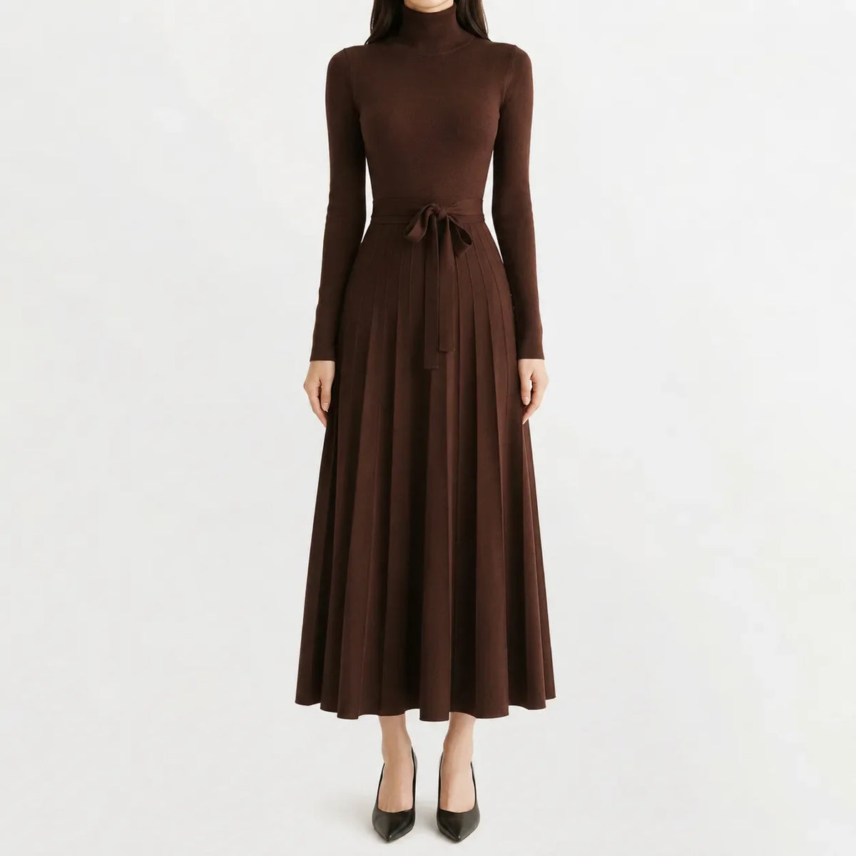 Women's Turtleneck Knit Dress – Long Sleeve Belted Flared Dress