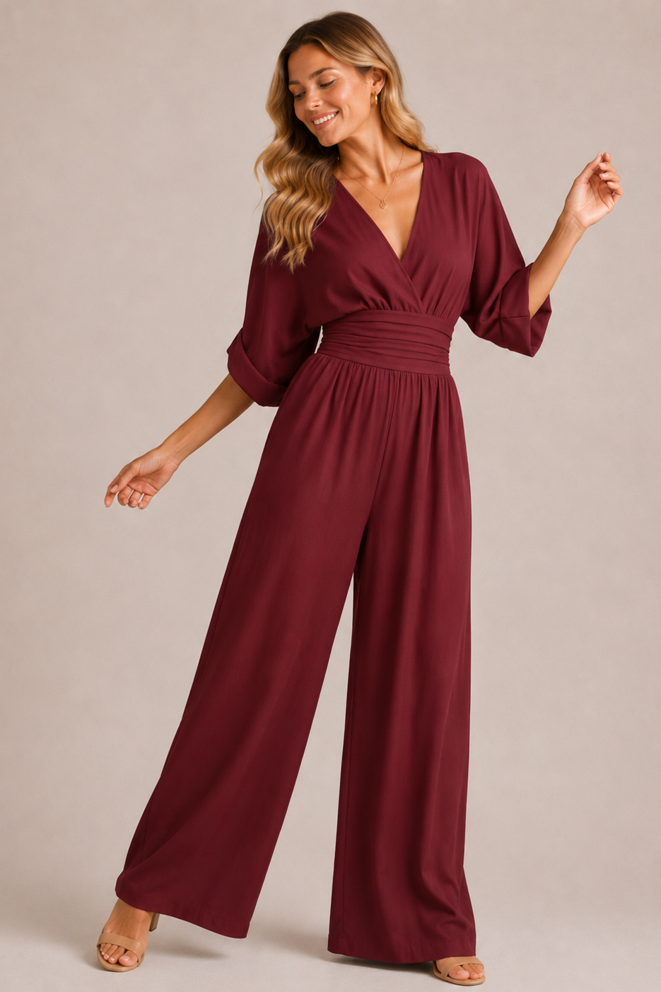 Women's Wide Leg Jumpsuit – Three-Quarter Sleeve Jumpsuit