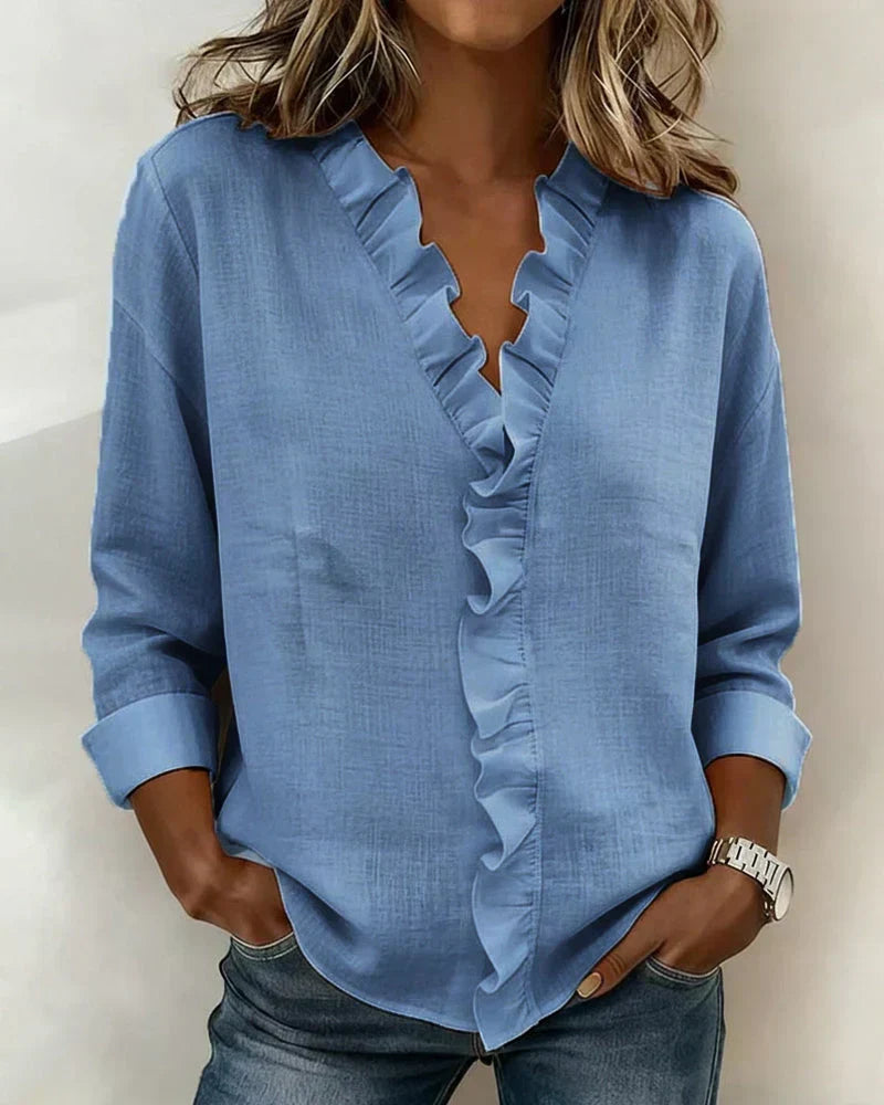 Women's Ruffle V-Neck Blouse – Flowy Statement Sleeve Dressy Top