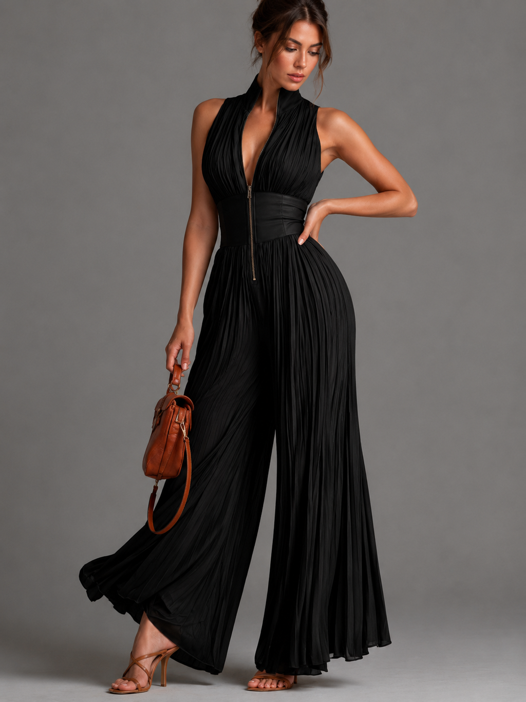 Women's Halter Wide Leg Jumpsuit – Defined Waist Wedding Guest Jumpsuit