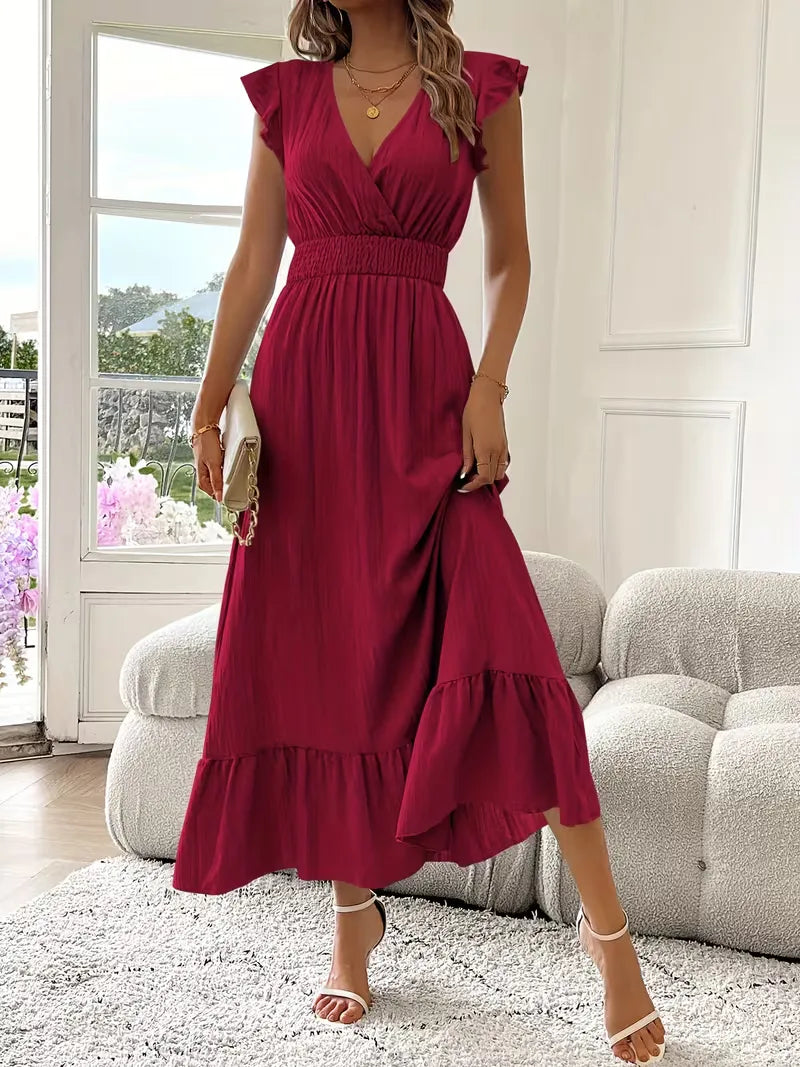 Women's V-Neck Tiered Maxi Dress – Short Sleeve Smocked Waist Evening Dress