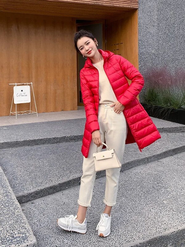Women's Longline Puffer Coat – Lightweight Removable Hood Jacket