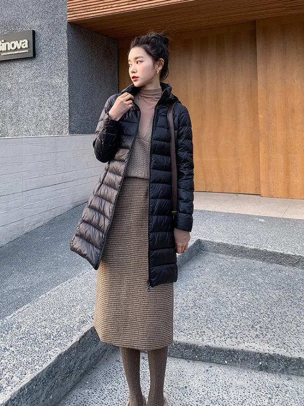 Women's Longline Puffer Coat – Lightweight Removable Hood Jacket