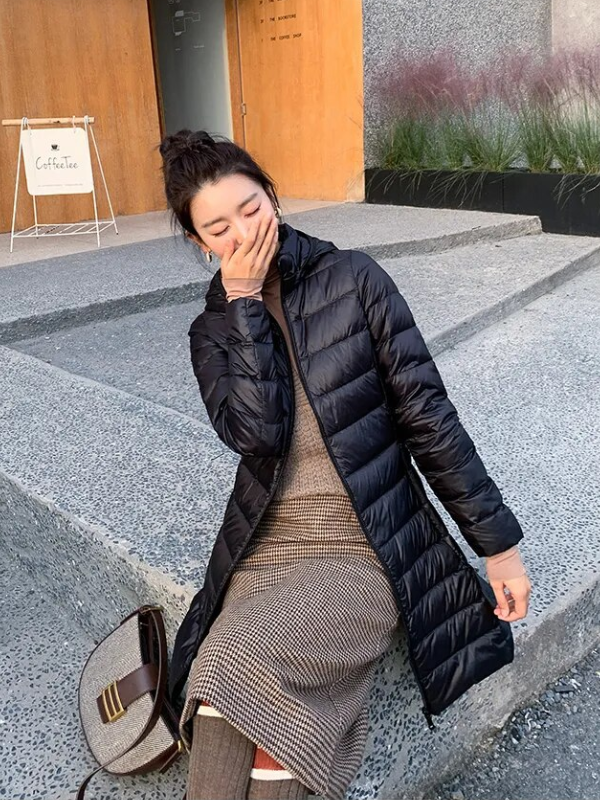 Women's Longline Puffer Coat – Lightweight Removable Hood Jacket