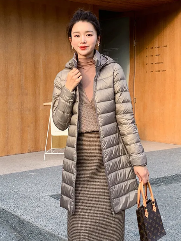 Women's Longline Puffer Coat – Lightweight Removable Hood Jacket