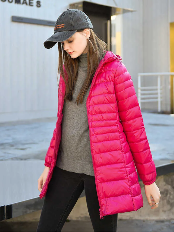 Women's Longline Puffer Coat – Lightweight Removable Hood Jacket