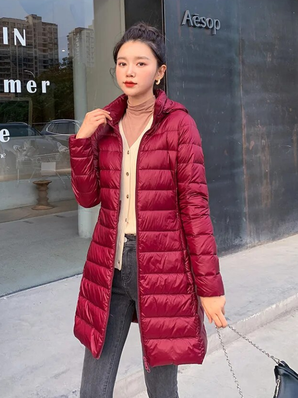 Women's Longline Puffer Coat – Lightweight Removable Hood Jacket
