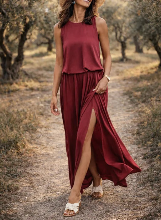 Women's Sleeveless Side Slit Maxi Dress – Elastic Waist Summer Dress