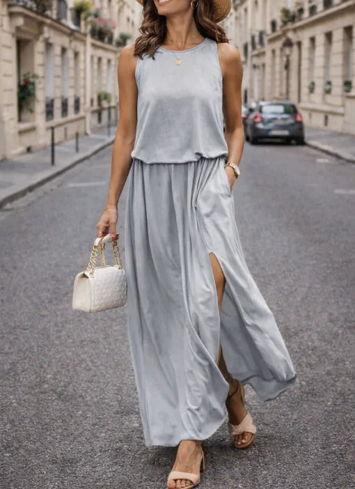 Women's Sleeveless Side Slit Maxi Dress – Elastic Waist Summer Dress