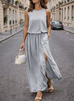 Women's Sleeveless Side Slit Maxi Dress – Elastic Waist Summer Dress
