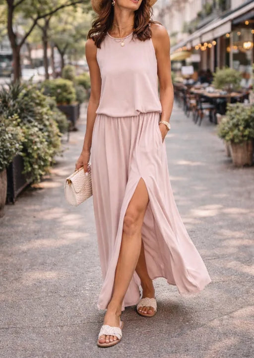 Women's Sleeveless Side Slit Maxi Dress – Elastic Waist Summer Dress