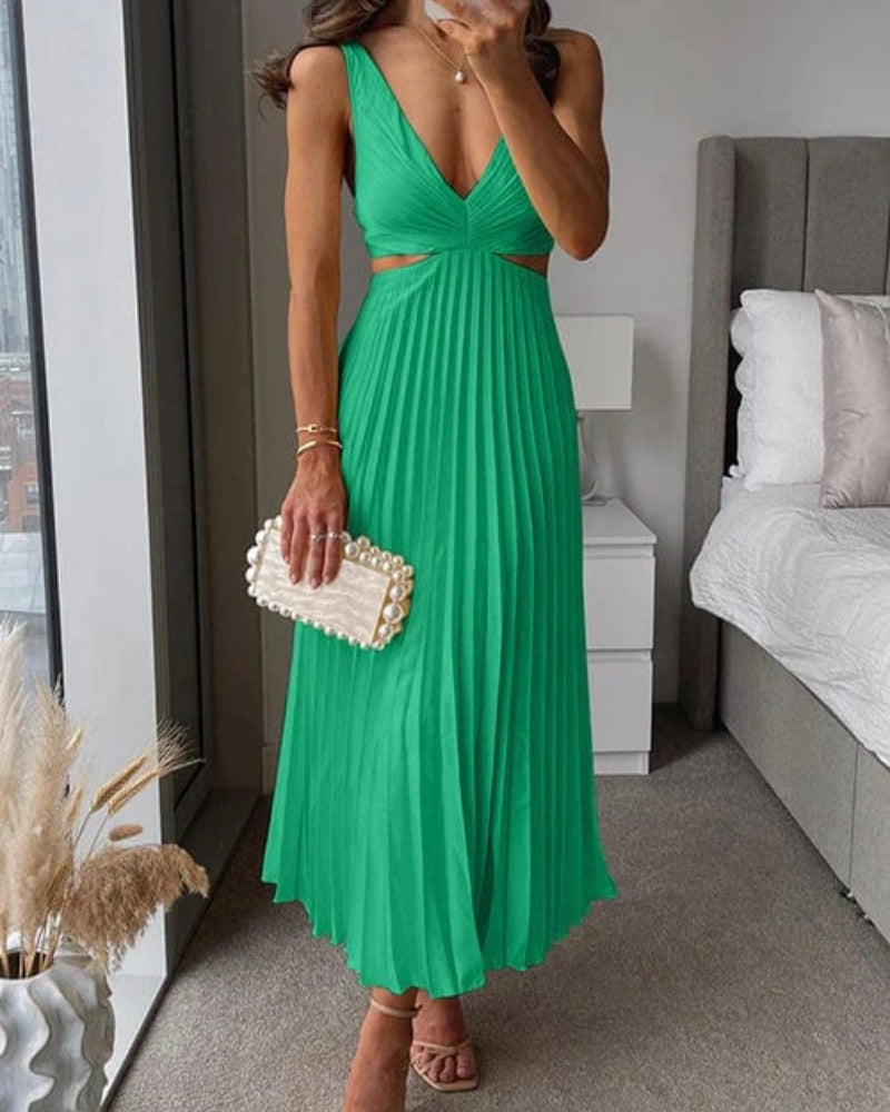 Women's V-Neck Pleated Midi Dress – Sleeveless Cut-Out Back Dress