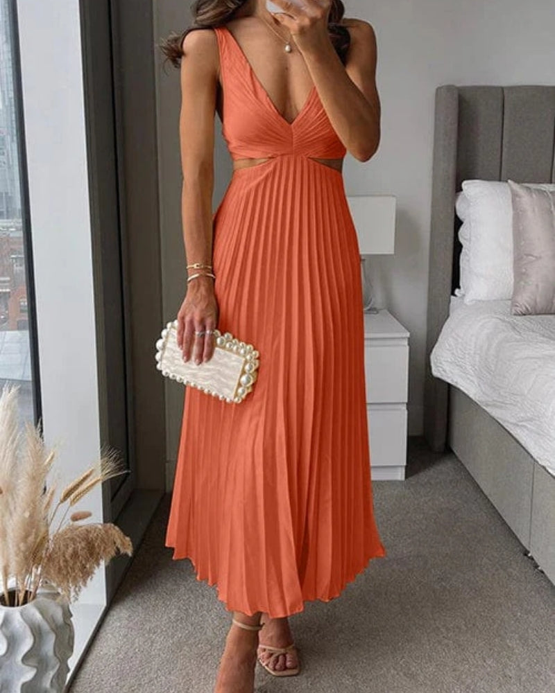 Women's V-Neck Pleated Midi Dress – Sleeveless Cut-Out Back Dress