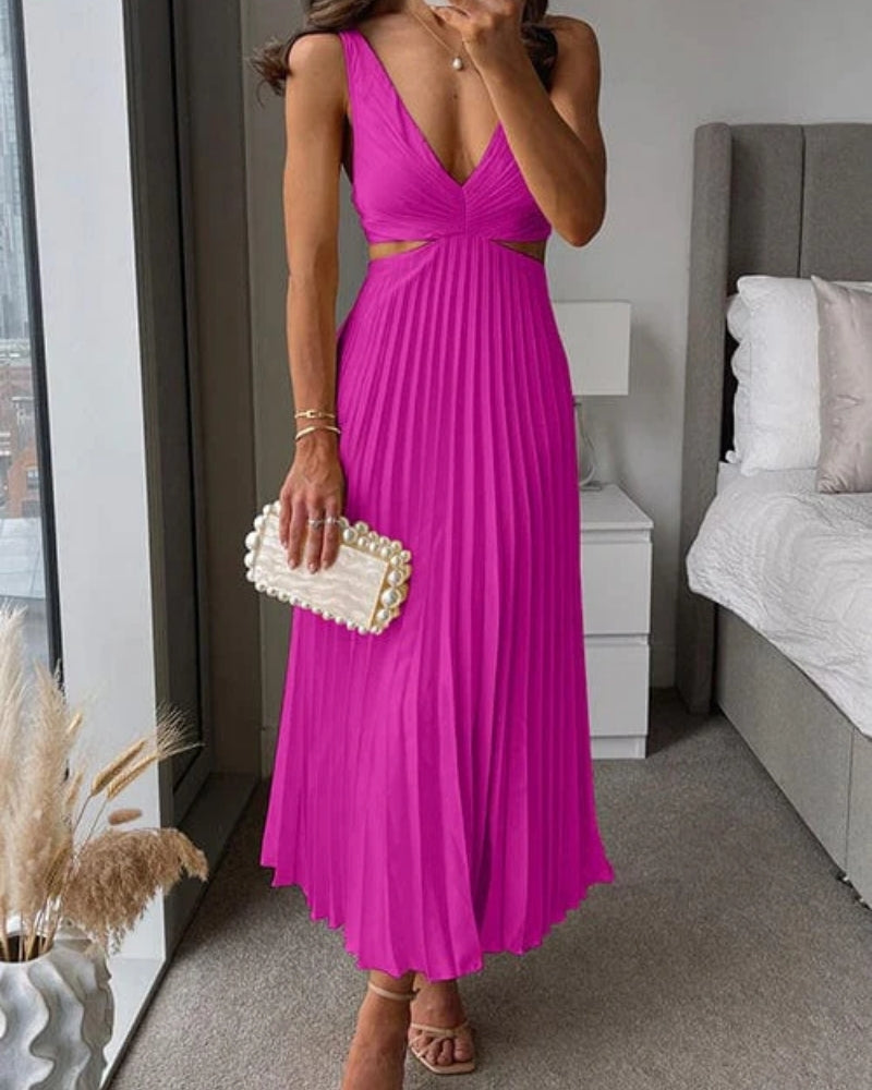 Women's V-Neck Pleated Midi Dress – Sleeveless Cut-Out Back Dress