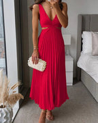 Women's V-Neck Pleated Midi Dress – Sleeveless Cut-Out Back Dress