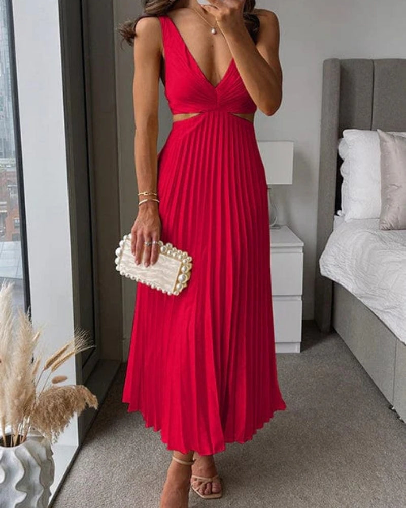 Women's V-Neck Pleated Midi Dress – Sleeveless Cut-Out Back Dress