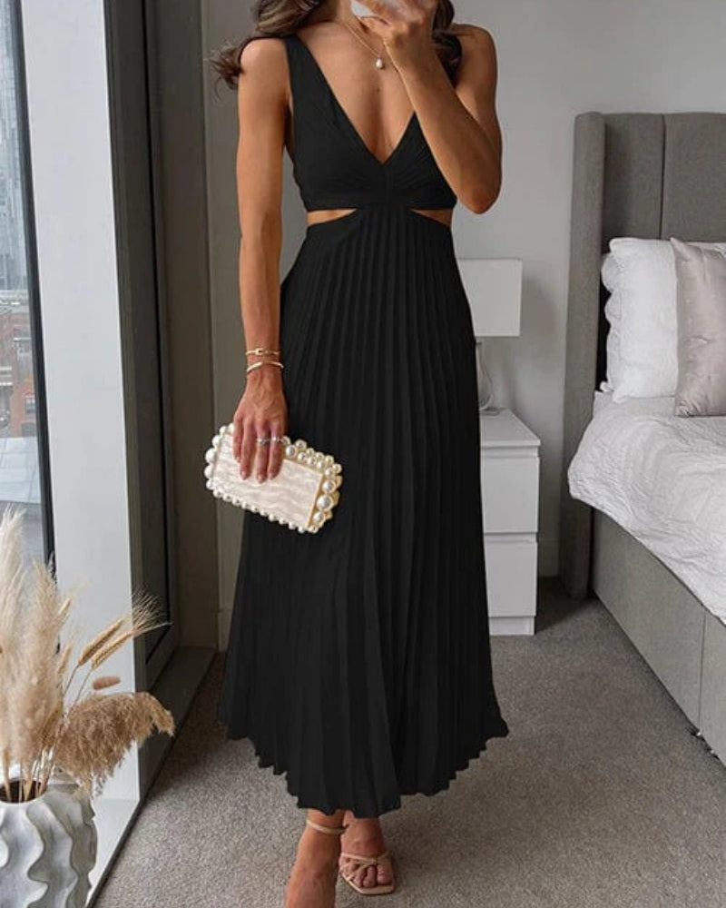 Women's V-Neck Pleated Midi Dress – Sleeveless Cut-Out Back Dress