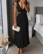 Women's V-Neck Pleated Midi Dress – Sleeveless Cut-Out Back Dress