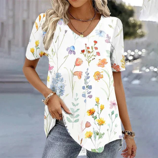 Women's Floral V-Neck Blouse – Short Sleeve Printed Summer Blouse