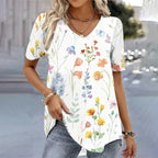 Women's Floral V-Neck Blouse – Short Sleeve Printed Summer Blouse