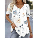 Women's Floral V-Neck Blouse – Short Sleeve Printed Summer Blouse