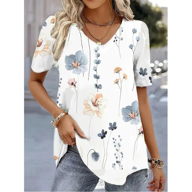 Women's Floral V-Neck Blouse – Short Sleeve Printed Summer Blouse