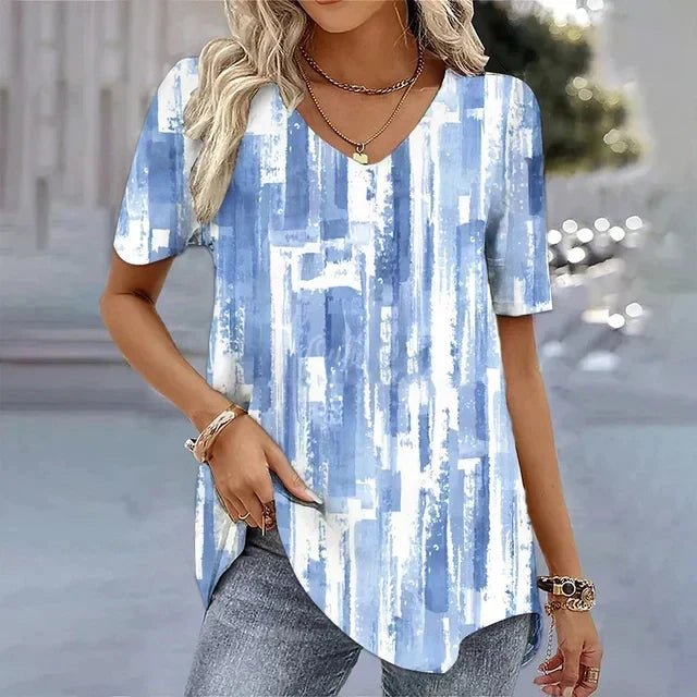 Women's Floral V-Neck Blouse – Short Sleeve Printed Summer Blouse