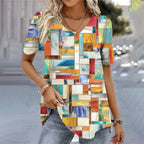 Women's Floral V-Neck Blouse – Short Sleeve Printed Summer Blouse