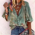Women's Boho V-Neck Blouse – Long Sleeve Button Front Blouse