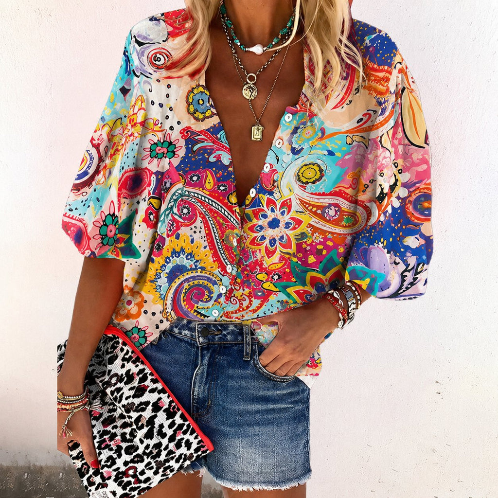 Women's Boho V-Neck Blouse – Long Sleeve Button Front Blouse