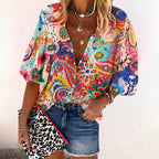 Women's Boho V-Neck Blouse – Long Sleeve Button Front Blouse