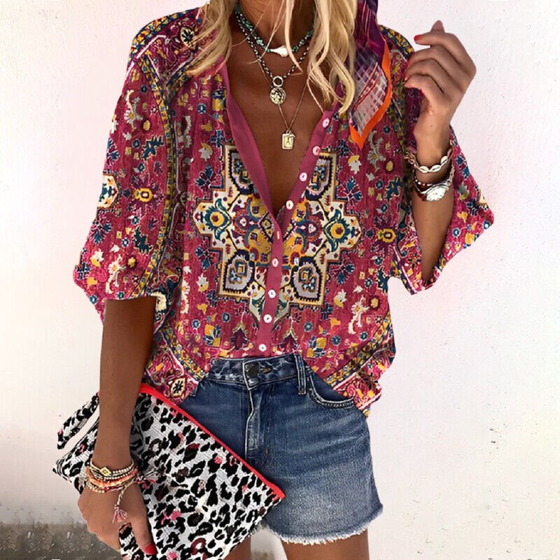Women's Boho V-Neck Blouse – Long Sleeve Button Front Blouse