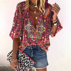 Women's Boho V-Neck Blouse – Long Sleeve Button Front Blouse