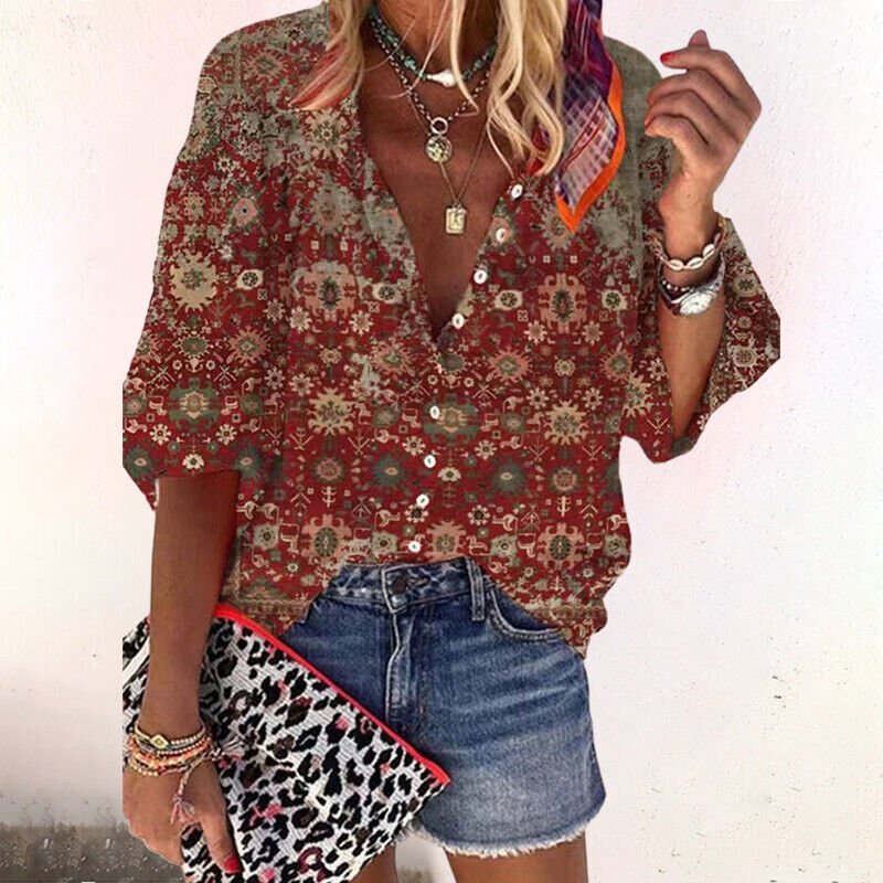 Women's Boho V-Neck Blouse – Long Sleeve Button Front Blouse