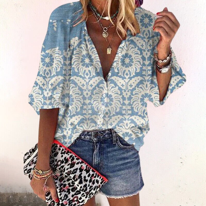 Women's Boho V-Neck Blouse – Long Sleeve Button Front Blouse