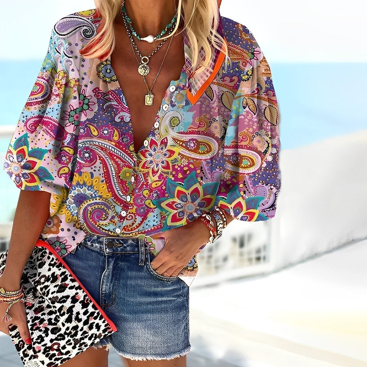 Women's Paisley Print V-Neck Blouse – Boho Button Front Blouse