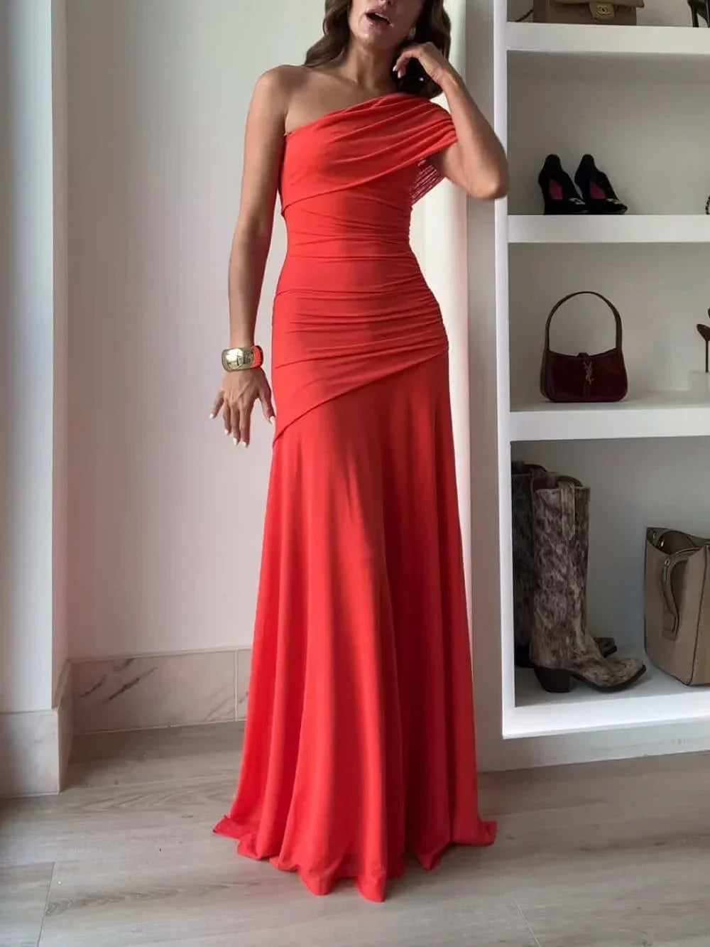 Women's One-Shoulder Pleated Maxi Dress – Asymmetrical Flared Formal Dress