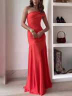 Women's One-Shoulder Pleated Maxi Dress – Asymmetrical Flared Formal Dress